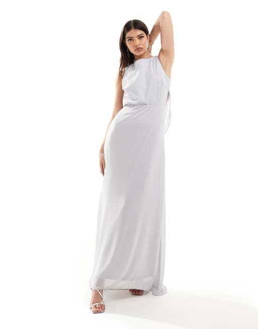 TFNC Bridesmaid chiffon cowl back maxi dress in silver 