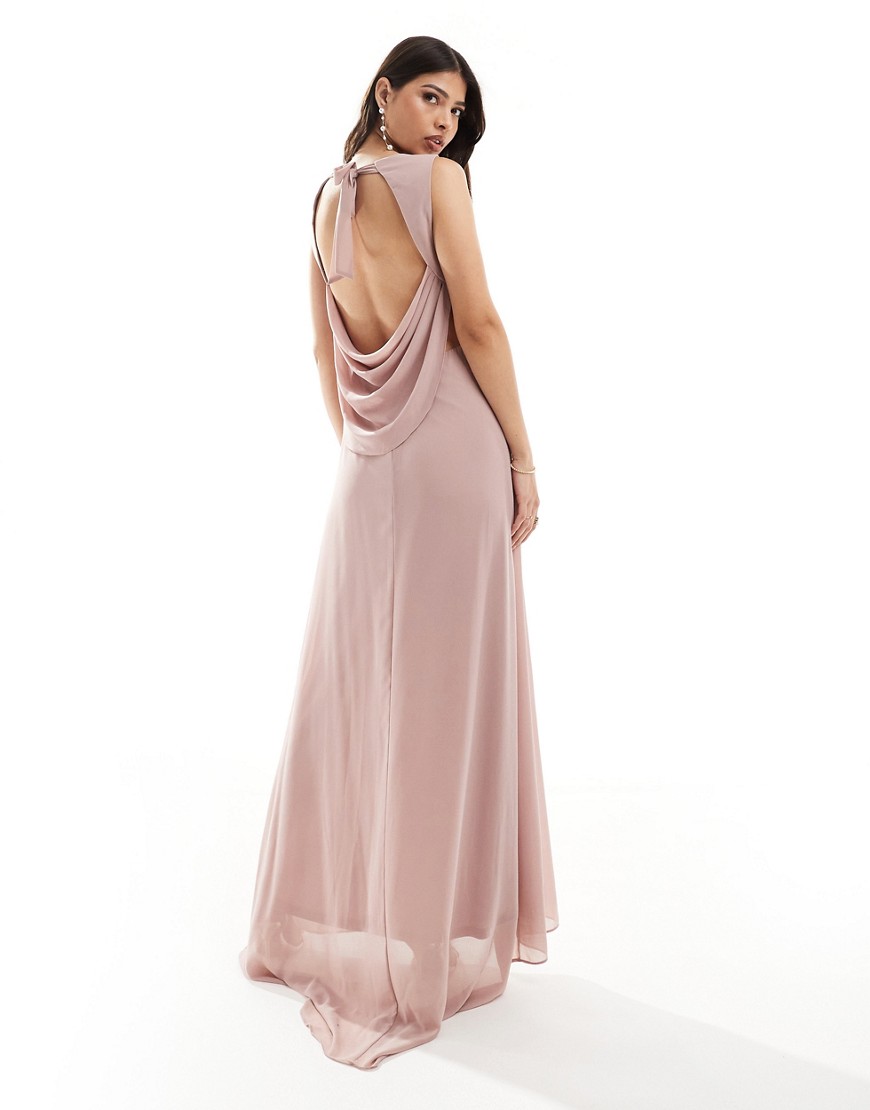TFNC Bridesmaid chiffon cowl back maxi dress in soft pink