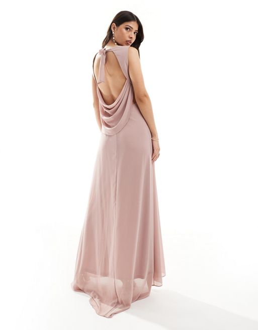 TFNC Bridesmaid chiffon cowl back maxi dress in soft pink