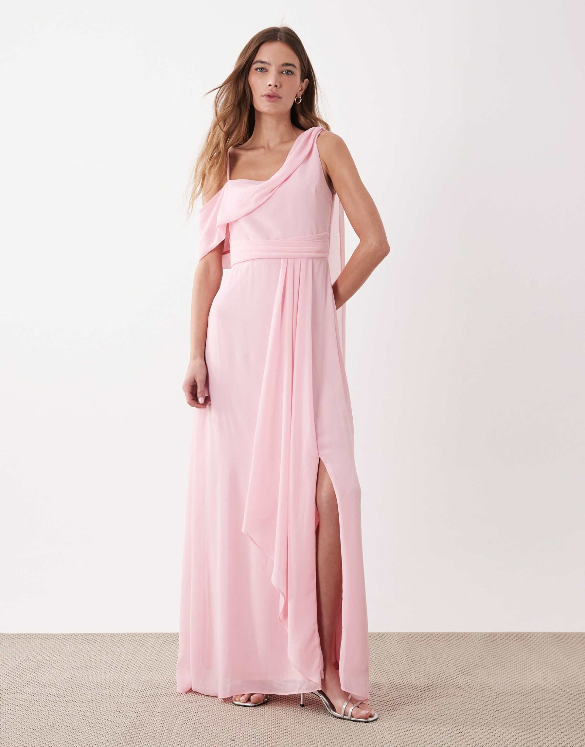 tfnc bridesmaid chiffon fallen shoulder maxi dress in pink