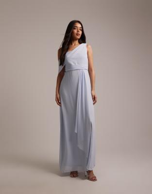 TFNC Bridesmaid chiffon fallen shoulder maxi dress with wrap skirt in light blue