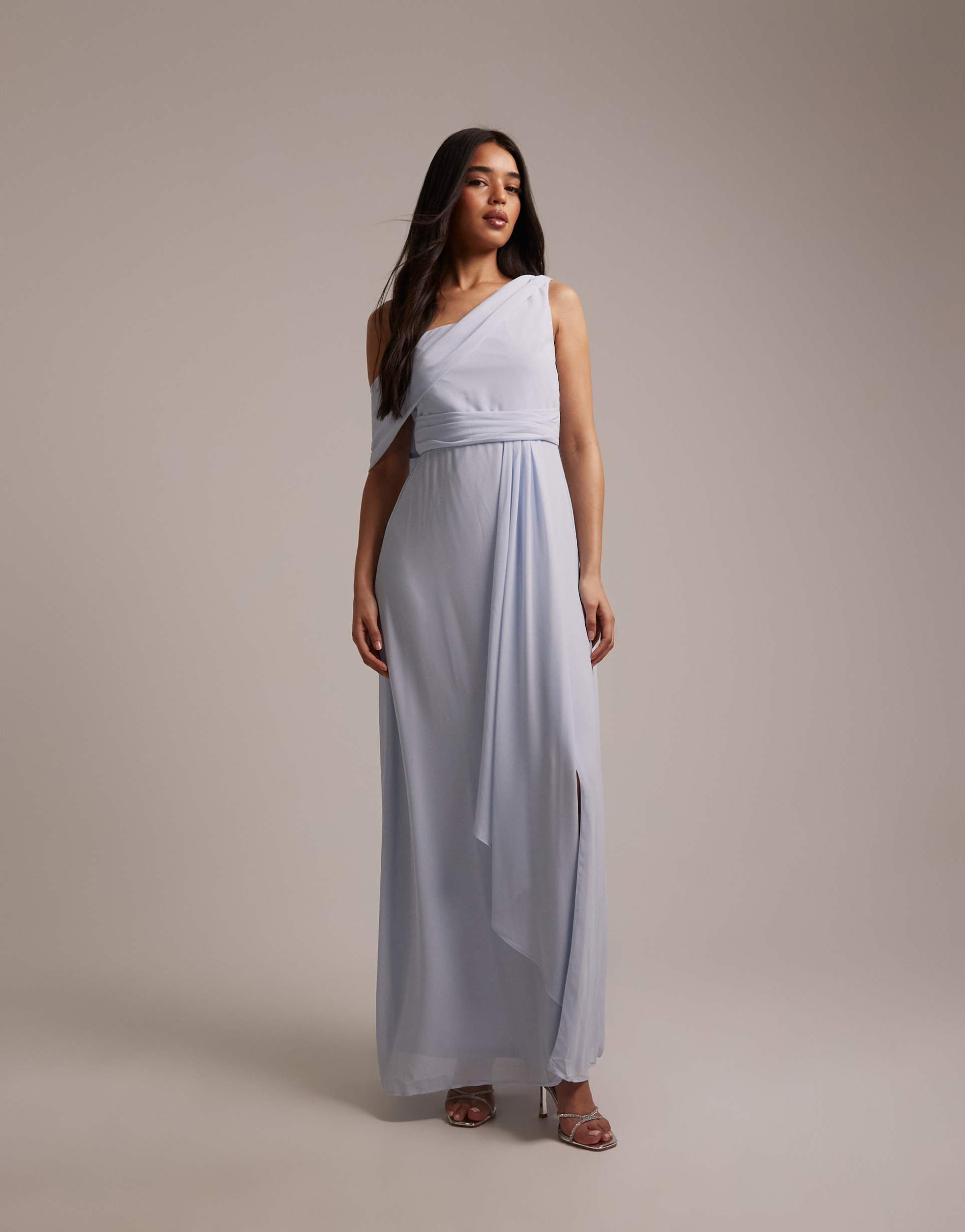 tfnc bridesmaid chiffon fallen shoulder maxi dress with wrap skirt in light blue