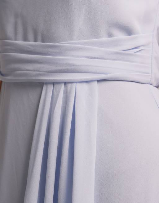 TFNC Bridesmaid chiffon fallen shoulder maxi dress with wrap skirt in light blue, 3 of 5