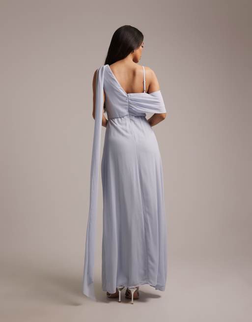 TFNC Bridesmaid chiffon fallen shoulder maxi dress with wrap skirt in light blue, 5 of 5