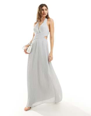 Tfnc Bridesmaid Chiffon Halter Neck Pleated Maxi Dress In Silver