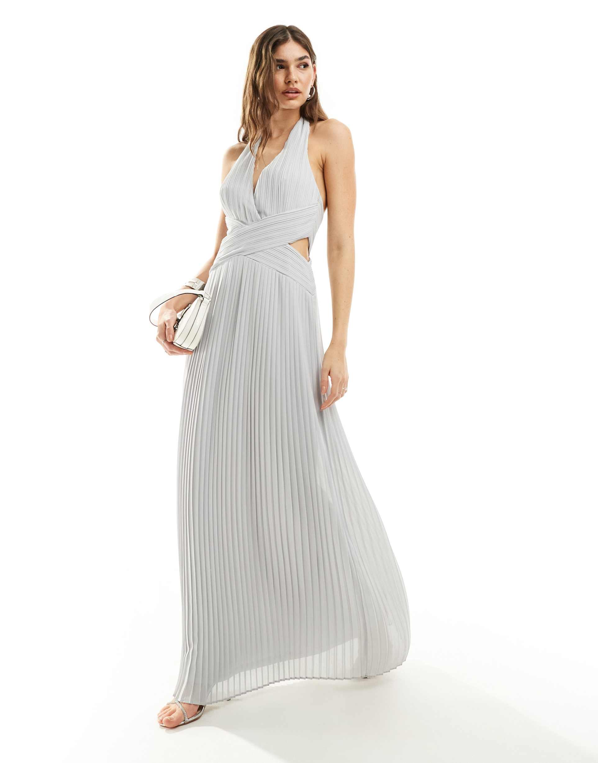 tfnc bridesmaid chiffon halter neck pleated maxi dress in silver