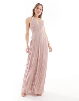 tfnc bridesmaid chiffon halter neck pleated maxi dress in soft pink