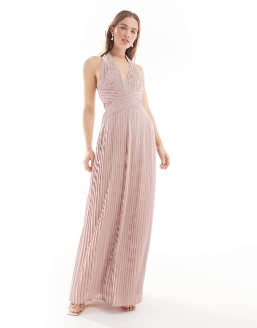 TFNC Bridesmaid chiffon halter neck pleated maxi dress Red in soft pink