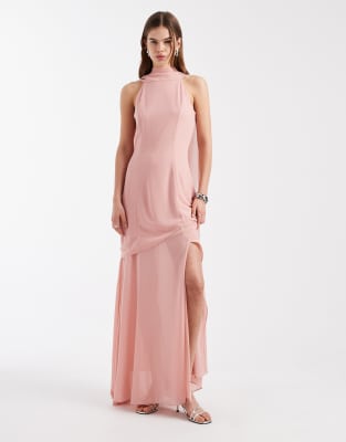 TFNC Bridesmaid chiffon halter neck scarf detail maxi dress with sheer skirt in pink - LPINK