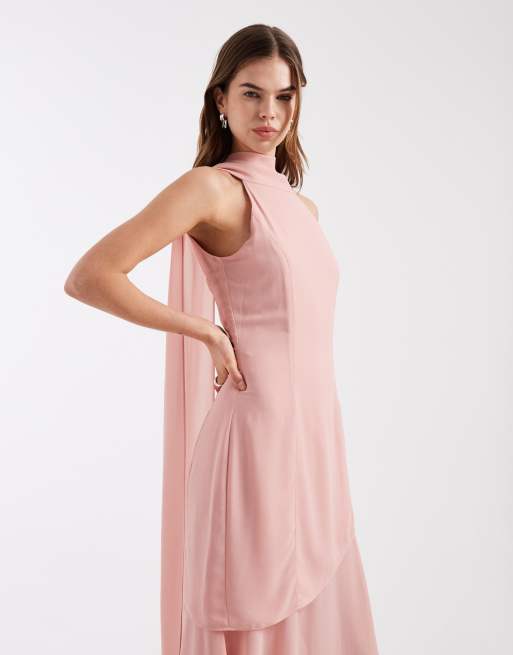 TFNC Bridesmaid chiffon halter neck scarf detail maxi dress with sheer  skirt in pink | ASOS