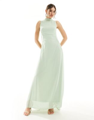 TFNC Bridesmaid chiffon high neck gathered maxi dress with straight skirt in fresh mint
