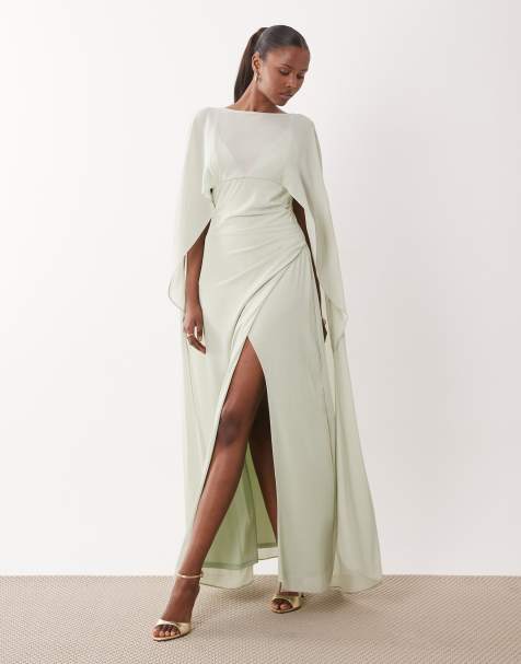 TFNC Bridesmaid chiffon maxi dress with cape in sage green - view 1