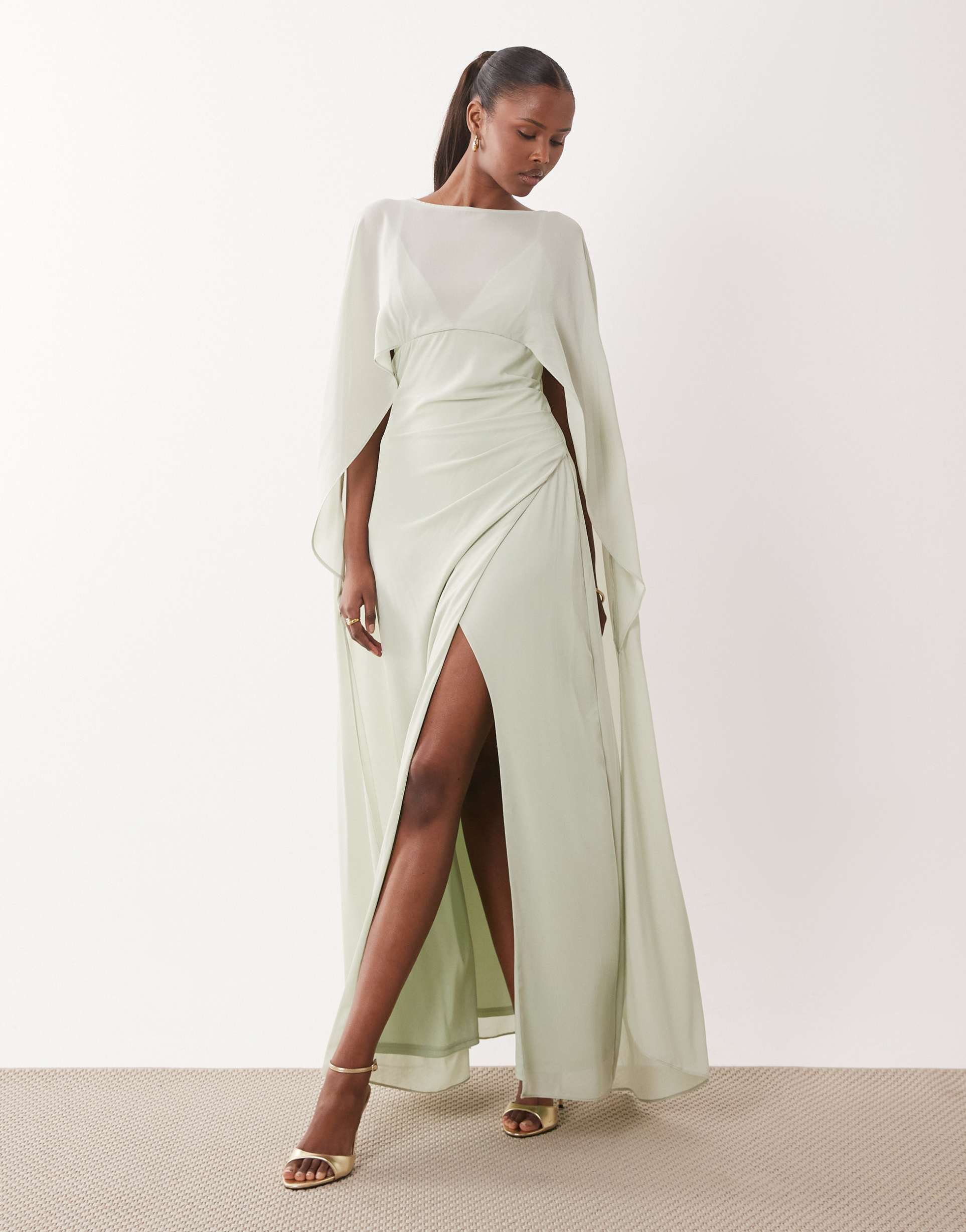 tfnc bridesmaid chiffon maxi dress with cape in sage green