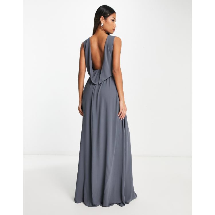 TFNC Bridesmaid chiffon maxi dress with deep cowl back in dark gray