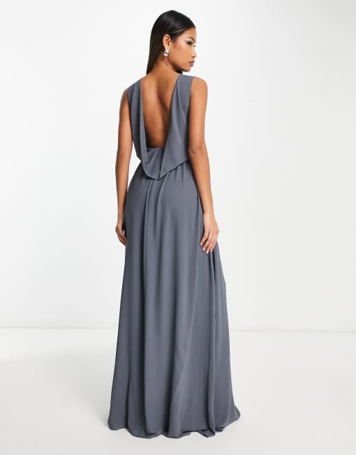 TFNC Bridesmaid chiffon maxi dress with deep cowl back in dark grey