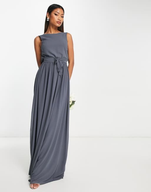 TFNC Bridesmaid chiffon maxi dress with deep cowl back in dark