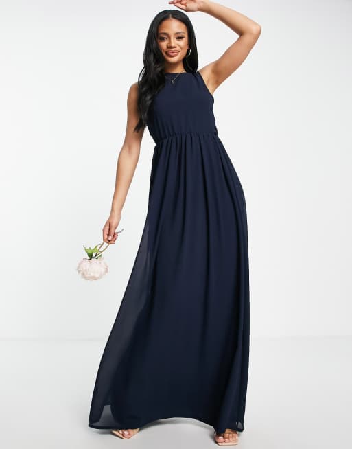 TFNC Bridesmaid chiffon maxi dress with deep cowl back in navy | ASOS