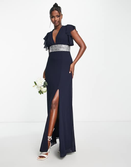 TFNC Bridesmaid chiffon maxi dress with flutter sleeve and embellished waist in navy