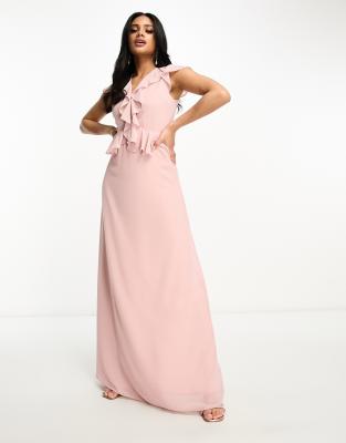 TFNC Bridesmaid chiffon maxi dress with frill detail in mauve