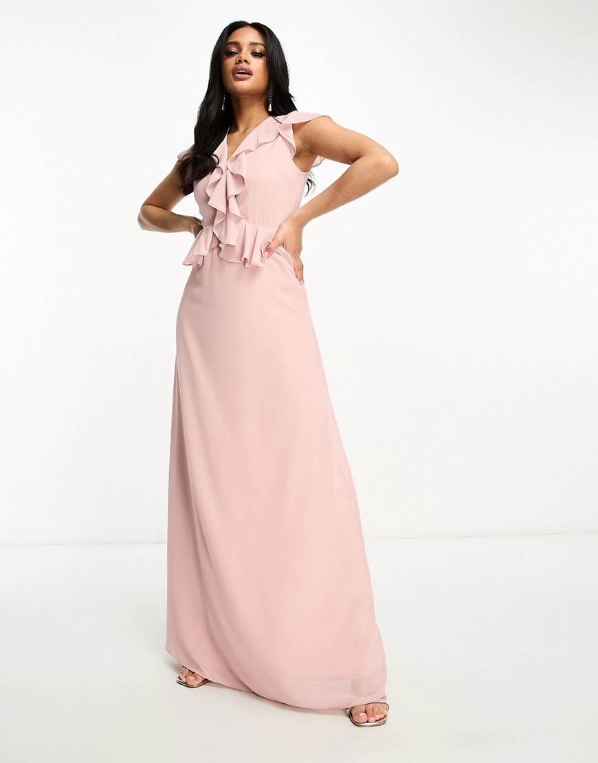 Bridesmaid chiffon maxi dress with frill detail in mauve-Pink
