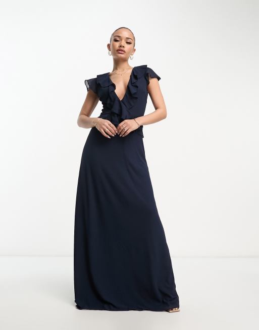 TFNC Bridesmaid chiffon maxi dress with frill detail in navy