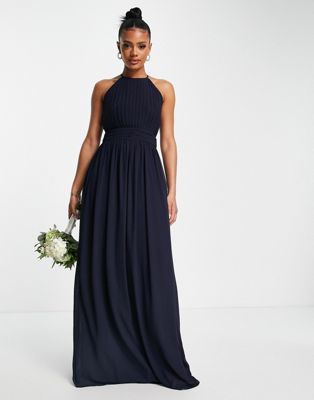 TFNC Bridesmaid chiffon maxi dress with pleated front in navy