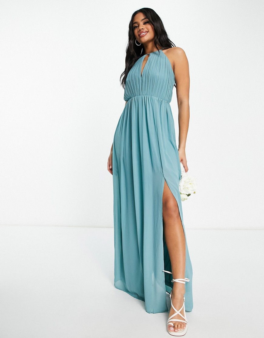 TFNC Bridesmaid chiffon maxi dress with pleated front and open back detail in sea blue