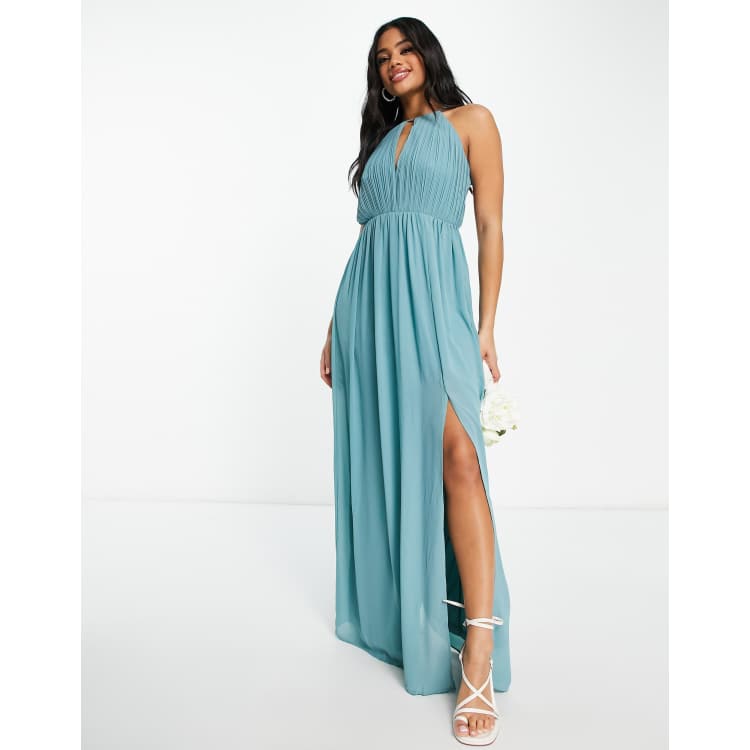 TFNC Bridesmaid chiffon maxi dress with pleated front and open back detail  in sea blue