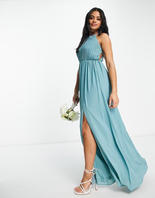 TFNC Bridesmaid chiffon maxi dress with pleated front and open back detail  in sea blue