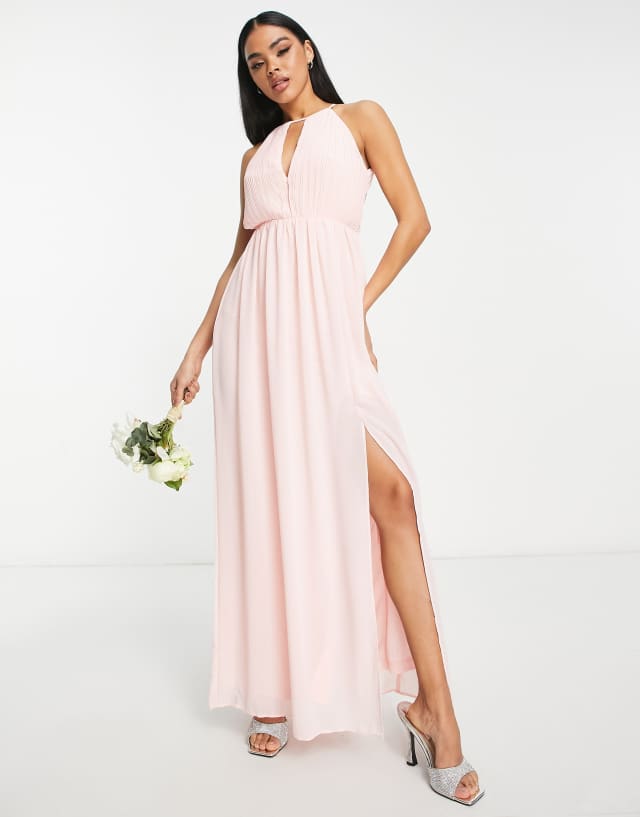 TFNC Bridesmaid chiffon maxi dress with pleated front and open back detail in whisper pink