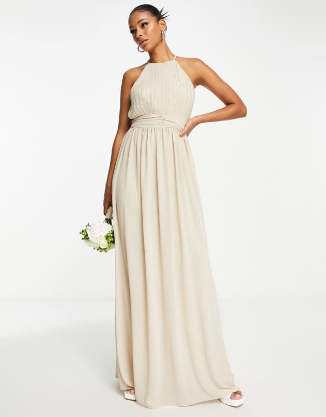 TFNC Bridesmaid chiffon maxi dress with pleated front in caffe latte