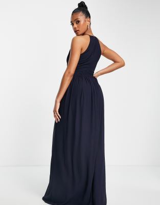 Navy High Neck Chiffon Maxi Dress