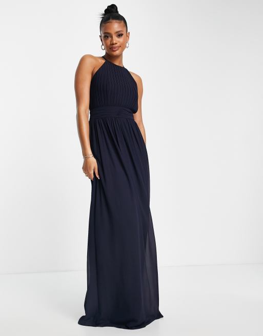 TFNC Bridesmaid chiffon maxi dress with pleated front in navy