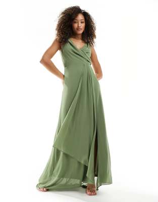 TFNC Bridesmaid chiffon maxi dress with split front in dark green