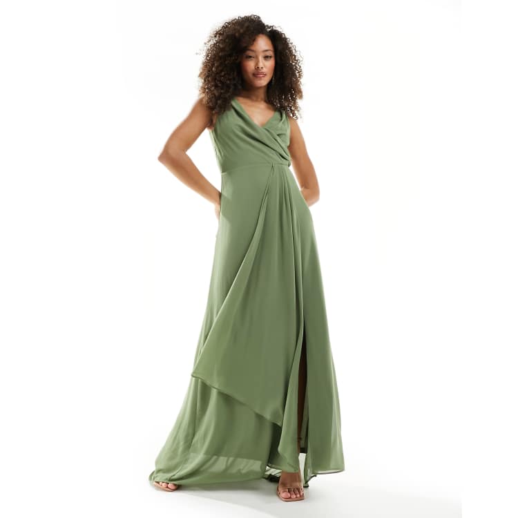 TFNC Bridesmaid chiffon maxi dress with split front in dark green ASOS