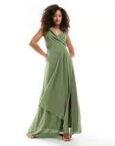 Little Mistress Bridesmaids cross front mesh maxi dress in sage