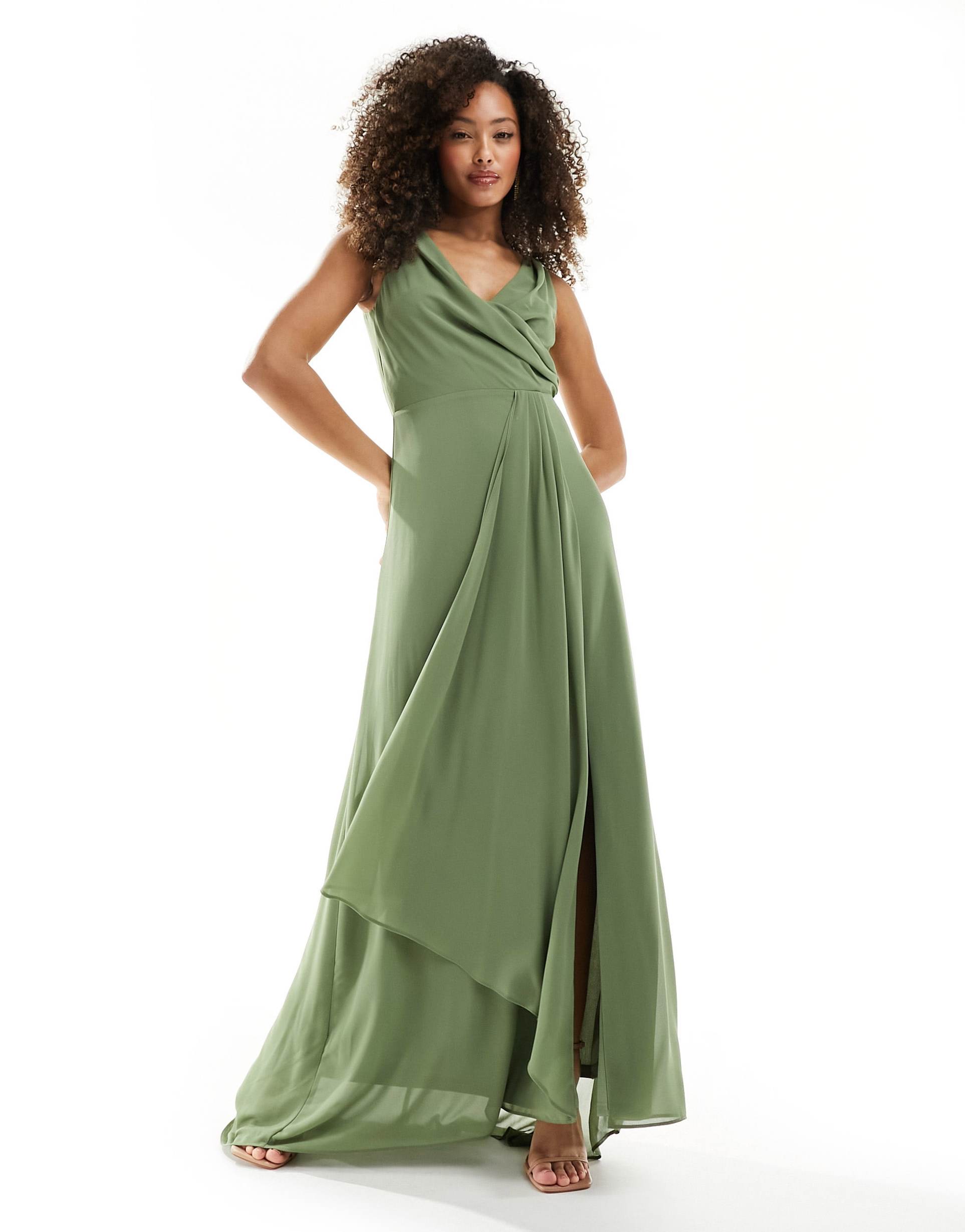 tfnc bridesmaid chiffon maxi dress with split front in dark green