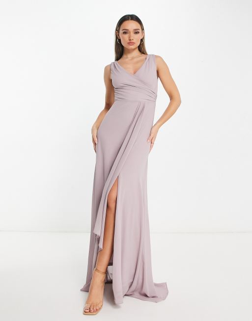 TFNC Bridesmaid chiffon maxi dress with split front in grey, 4 of 4
