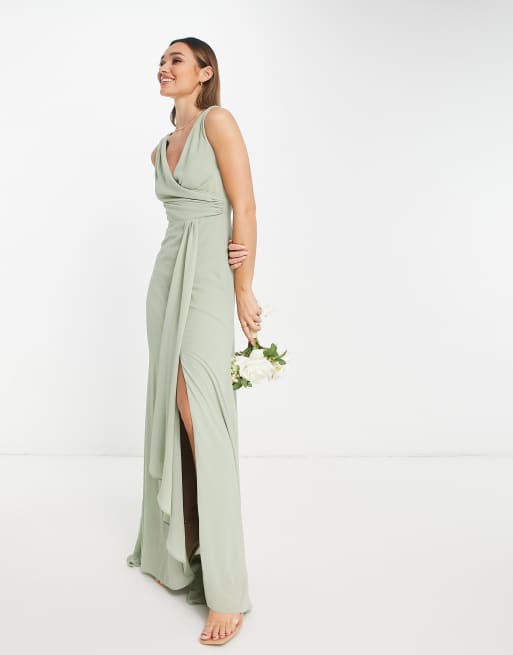 TFNC Bridesmaid chiffon maxi dress with split front in sage green