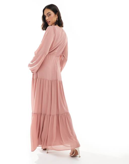 TFNC Bridesmaid chiffon maxi dress with tiered skirt in dusky pink