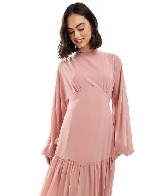 TFNC Bridesmaid chiffon maxi dress with tiered skirt in dusky pink, 4 of 4