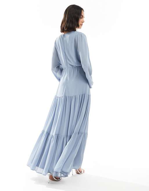 TFNC Bridesmaid chiffon maxi dress with tiered skirt in dusty blue | ASOS