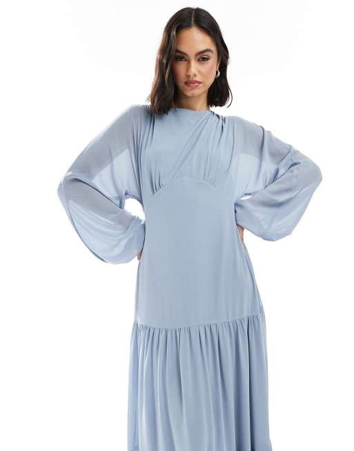 TFNC Bridesmaid chiffon maxi dress with tiered skirt in dusty blue, 4 of 4