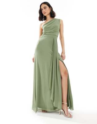 Bridesmaid chiffon maxi dress with wrap skirt in dark green