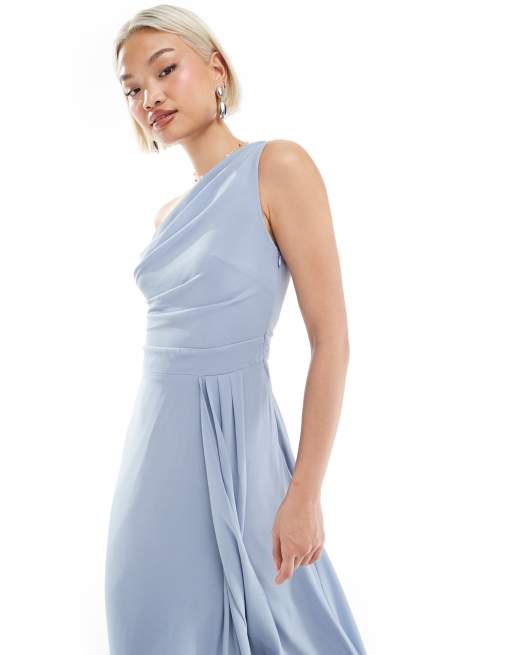 TFNC Bridesmaid chiffon maxi dress with wrap skirt in dusty blue, 3 of 4