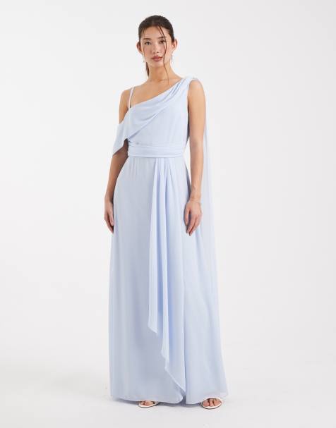 TFNC – Bridesmaid – Chiffon-Maxikleid in Hellblau mit abfallender Schulterpartie und Wickelrock - view 1