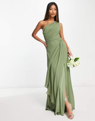 TFNC Bridesmaid chiffon one shoulder drape maxi dress in dusky sage green-Navy