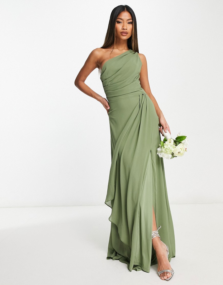 TFNC Bridesmaid chiffon one shoulder drape maxi dress in dusky sage green-Navy