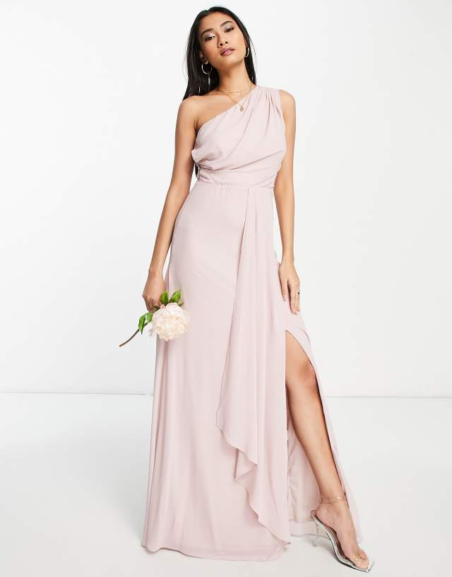 TFNC Bridesmaid chiffon one shoulder drape maxi dress in mink