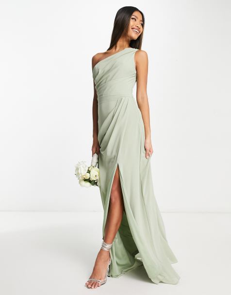 TFNC Bridesmaid chiffon one shoulder drape maxi dress in sage - view 1